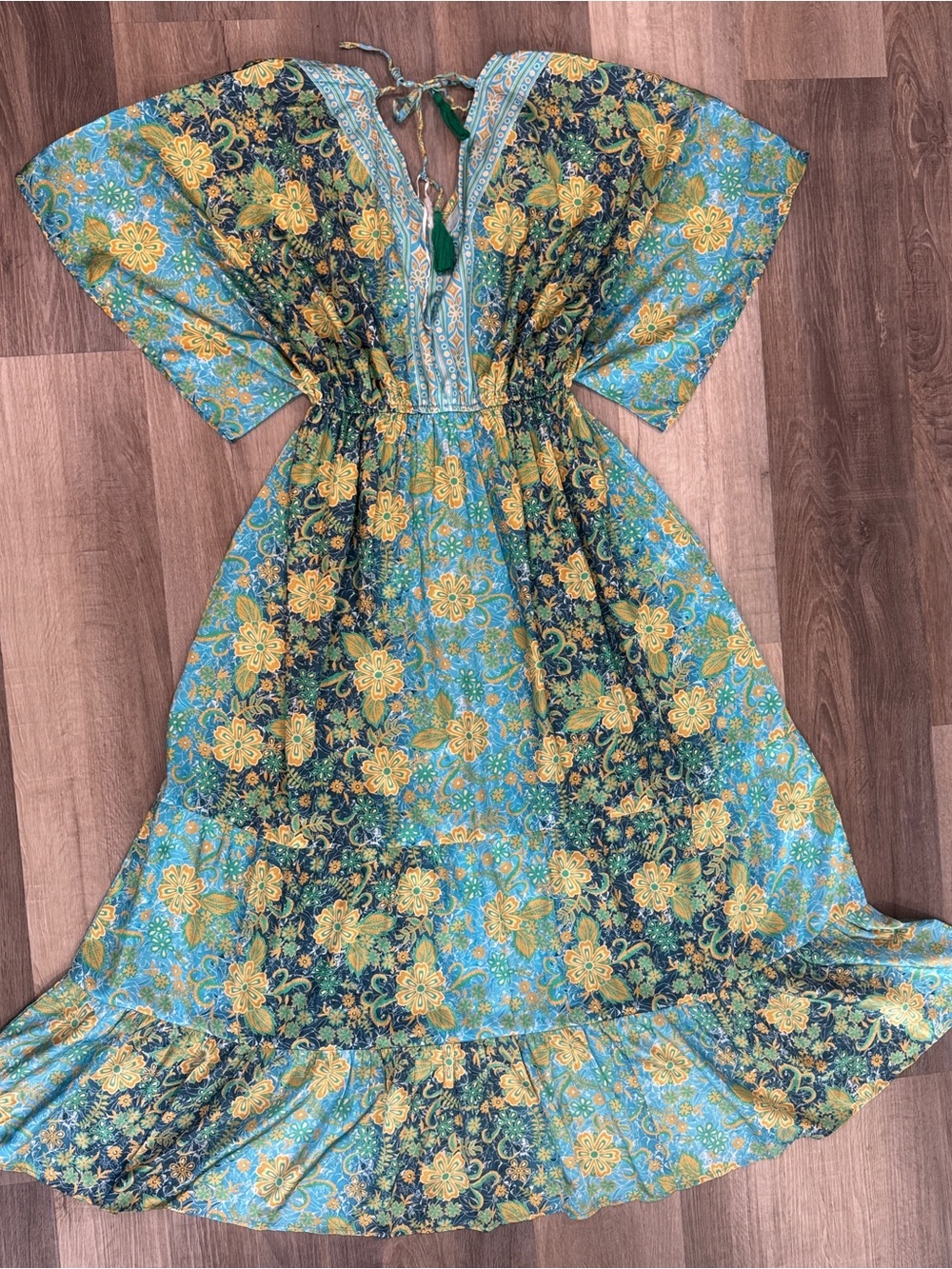Floral Blue, Lime Green & Yellow Maxi Dress - Lightweight Summer Dress - Picture 6 of 8
